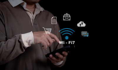 Person using smartphone with floating icons representing WiFi, e-commerce, email, and cloud services, illustrating modern connectivity.
