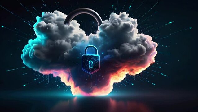 This is an video of a glowing blue and pink cloud with a silver lock in the center. The cloud is surrounded by a dark blue background with bright blue and pink lights.