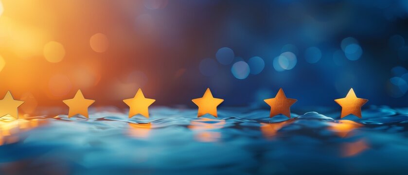 Golden stars on a sparkling blue and orange background. Ideal for illustrating quality, ratings, achievement, or success in reviews.