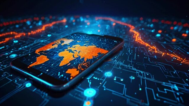 A black smartphone with an orange world map on the screen laying on a blue circuit board with orange highlights.