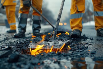 Close up of construction workers repairing asphalt road with hot tar and flames, wearing yellow protective clothing.
