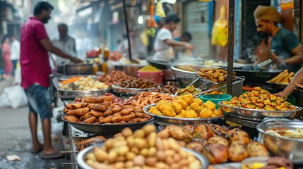 A bustling street food market in India, with vendors preparing and selling a variety of fried snacks.  The scene is filled with vibrant colors and the aroma of spices.