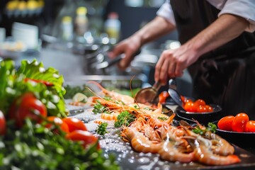 A chef carefully prepares a seafood buffet, arranging fresh shrimp and garnishes for a delicious dining experience.