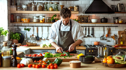a chef in a well-organized home kitchen, chopping vegetables on a counter, with various cooking utensils, pots, and pans hanging neatly, and fresh ingredients spread around, 