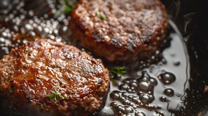 Two cooked frozen hamburger patties in hot frying pan High angle view closeup Fast food : Generative AI