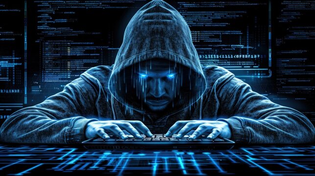 A computer hacker commits crimes in the digital world. Displaying real programming scripts codes and hacking tools. Malware concept. Hacker background.