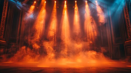An empty stage set in an elegant venue with dramatic lighting and smoky atmosphere, suggesting a high-profile event