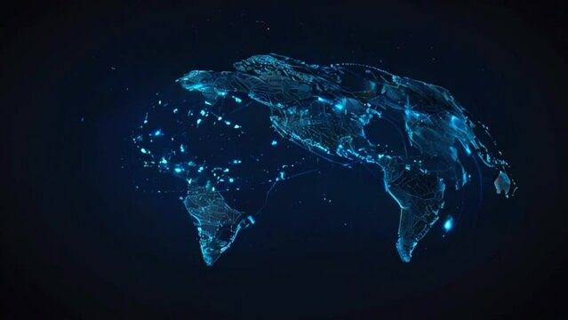 A glowing blue world map made of glowing dots and lines on a black background.