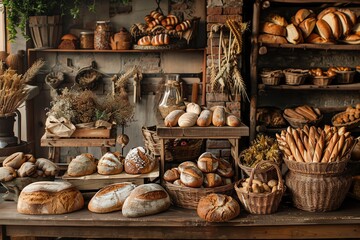 A rustic bakery display with various loaves of bread, pastries, and other baked goods.