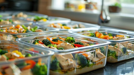 A row of meal prep containers filled with colorful chicken, broccoli, and peppers.