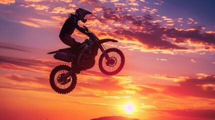 Fototapeta premium A silhouette of a motocross rider performing a jump against a vibrant sunset, capturing the thrill of extreme sports.