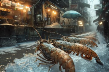 A surreal scene of lobsters walking on a flooded street market.  The lobsters are covered in ice, and the market stalls are dimly lit.