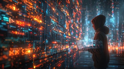 Fototapeta premium A computer hacker commits crimes in the digital world. Displaying real programming scripts codes and hacking tools. Malware concept. Hacker background.