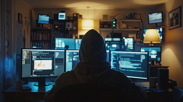 A computer hacker commits crimes in the digital world. Displaying real programming scripts codes and hacking tools. Malware concept. Hacker background.