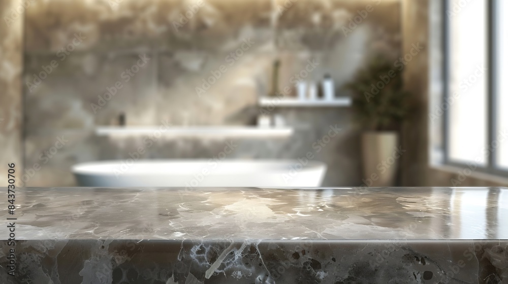 Poster empty marble top table with blurred bathroom interior background for product display montage : gener