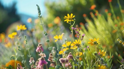 Obraz premium A vibrant field of yellow wildflowers with a few pink blossoms, bathed in warm sunlight. The background is a soft blur of green foliage and blue sky.