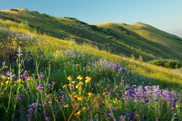 A vibrant green meadow with wildflowers in bloom, set against a backdrop of rolling hills.  Sunlight bathes the scene in a warm glow.