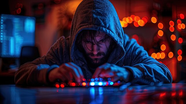 A computer hacker commits crimes in the digital world. Displaying real programming scripts codes and hacking tools. Malware concept. Hacker background.