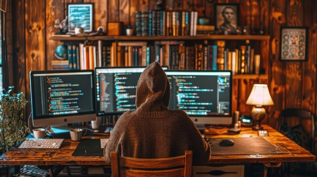 A computer hacker commits crimes in the digital world. Displaying real programming scripts codes and hacking tools. Malware concept. Hacker background.