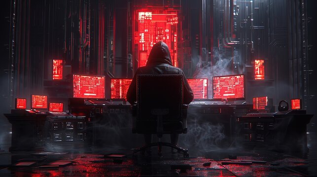 A computer hacker commits crimes in the digital world. Displaying real programming scripts codes and hacking tools. Malware concept. Hacker background.