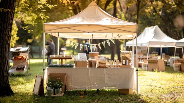 A white canopy tent with tables set up for a market or festival in a park setting.