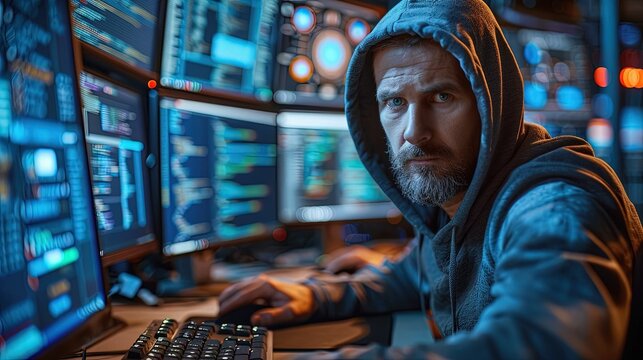 A computer hacker commits crimes in the digital world. Displaying real programming scripts codes and hacking tools. Malware concept. Hacker background.