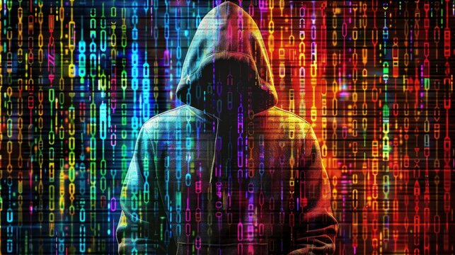 A computer hacker commits crimes in the digital world. Displaying real programming scripts codes and hacking tools. Malware concept. Hacker background.