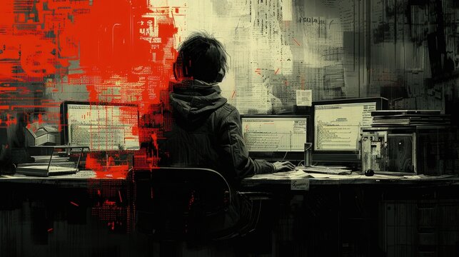 A computer hacker commits crimes in the digital world. Displaying real programming scripts codes and hacking tools. Malware concept. Hacker background.