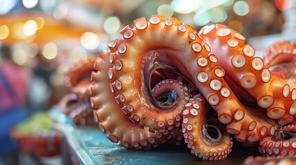 Fresh octopus tentacles on display at a bustling market.  The vibrant red color and intricate pattern make a striking image.
