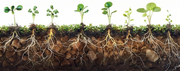 Cutaway view of soil showing the germination process underground, roots growing downward and shoots emerging upward, rich soil texture, highdefinition, educational illustration