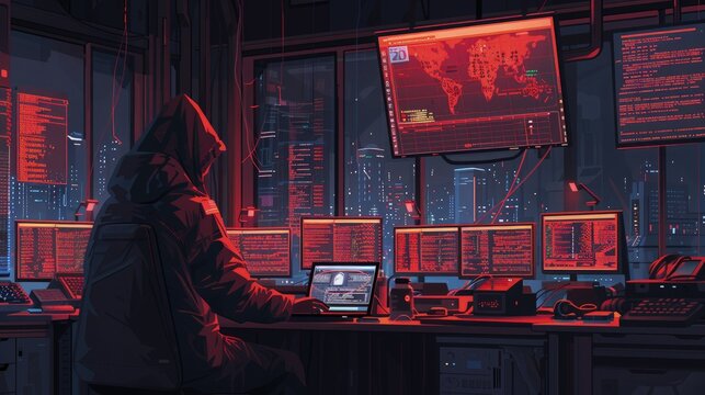 A computer hacker commits crimes in the digital world. Displaying real programming scripts codes and hacking tools. Malware concept. Hacker background.