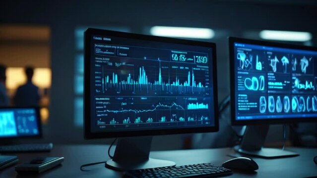 A dimly lit room with a large computer monitor displaying graphs and charts in blue.
