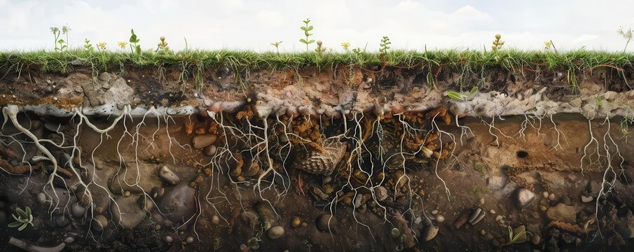 Cutaway view of soil showing the germination process underground, roots growing downward and shoots emerging upward, rich soil texture, highdefinition, educational illustration