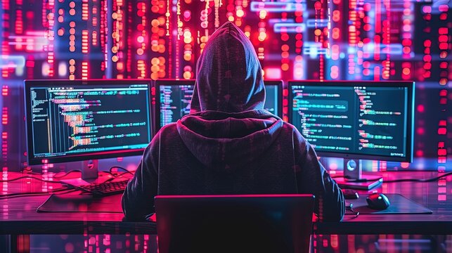 A computer hacker commits crimes in the digital world. Displaying real programming scripts codes and hacking tools. Malware concept. Hacker background.
