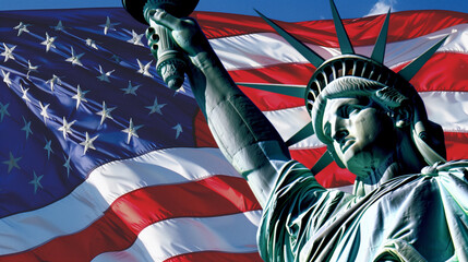 Obraz premium statue of liberty in front of american flag