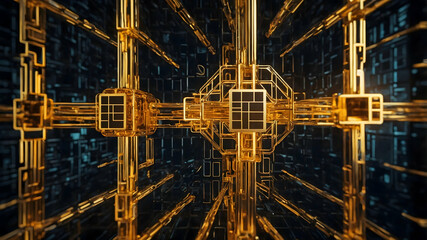 Fototapeta premium Background image featuring a pattern of blockchain connected by golden light