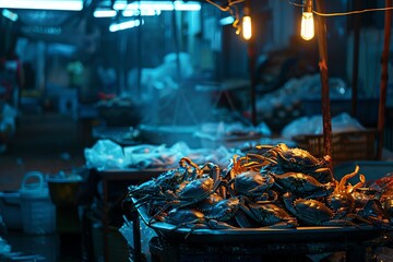 Fresh seafood on display at a bustling night market