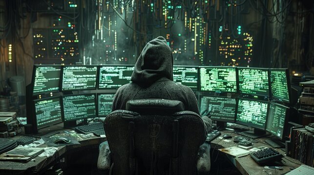 A computer hacker commits crimes in the digital world. Displaying real programming scripts codes and hacking tools. Malware concept. Hacker background.