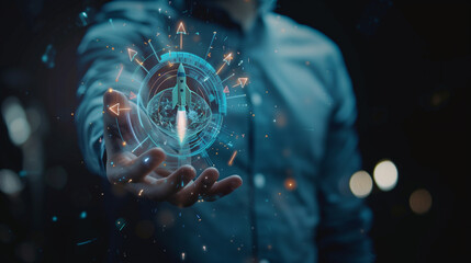 Fototapeta premium Digital Hologram of Rocket Launching from Hand