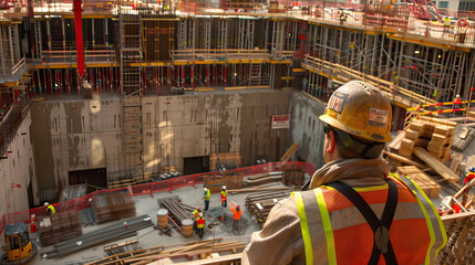 Obraz premium back view a construction worker wearing a hard hat and safety vest, skillfully operating a crane at a busy construction site, showcasing the scale and complexity of the project.