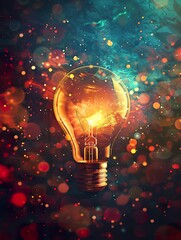 Illuminated Light Bulb with Colorful Bokeh.