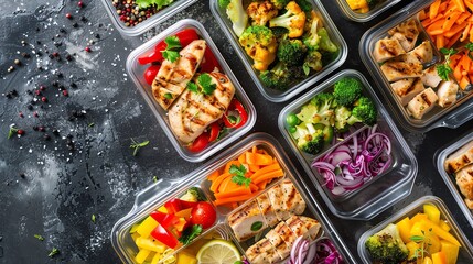 Healthy meal prep containers filled with grilled chicken, vegetables, and fruit.