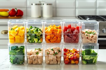 Pre-prepped meal ingredients in clear containers, organized and ready for healthy cooking.