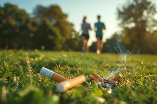 Carelessly discarded cigarette butts litter the ground as joggers pass by in the park.