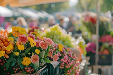 Vibrant flower bouquets on display at a bustling outdoor market.