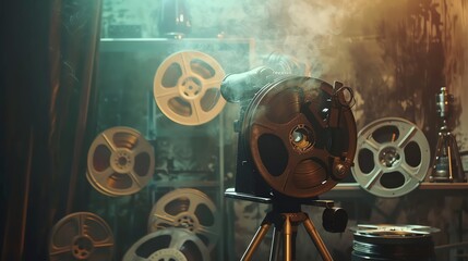 Vintage film projector with reels and smoke, nostalgic cinematic atmosphere.