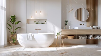 Interior of light bathroom with bathtub shelving unit and dressing table : Generative AI