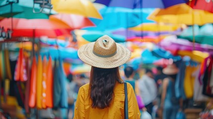 Obraz premium A traveler in a straw hat explores a vibrant market filled with colorful umbrellas, capturing the essence of cultural exploration and local life.