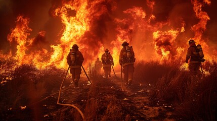 Fototapeta premium A line of firefighters progress through a burning landscape, their hoses aimed at the overwhelming wildfire