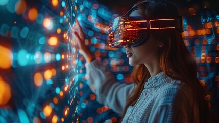 A woman interacts with a glowing digital data interface in a modern, high-tech environment